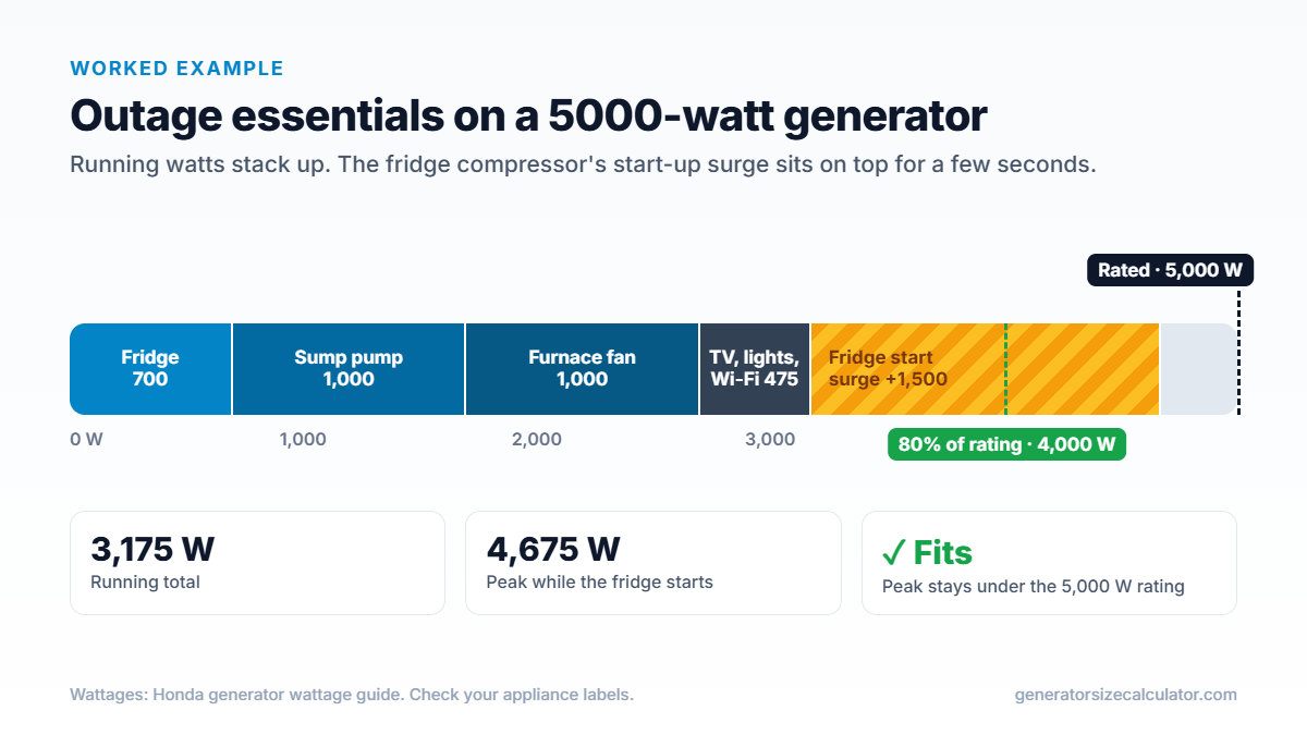 Bar chart of an outage load on a 5000-watt generator: 3,175 W running plus a 1,500 W refrigerator start surge reaches a 4,675 W peak, under the 5,000 W rating