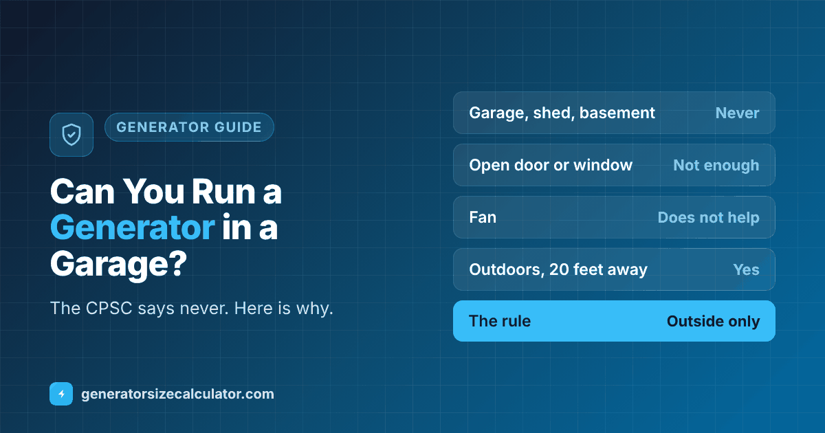 Can you run a generator in a garage: no, the CPSC says never inside a home, garage, basement, crawlspace or shed, run it outdoors at least 20 feet from the home, and open doors or windows are not enough