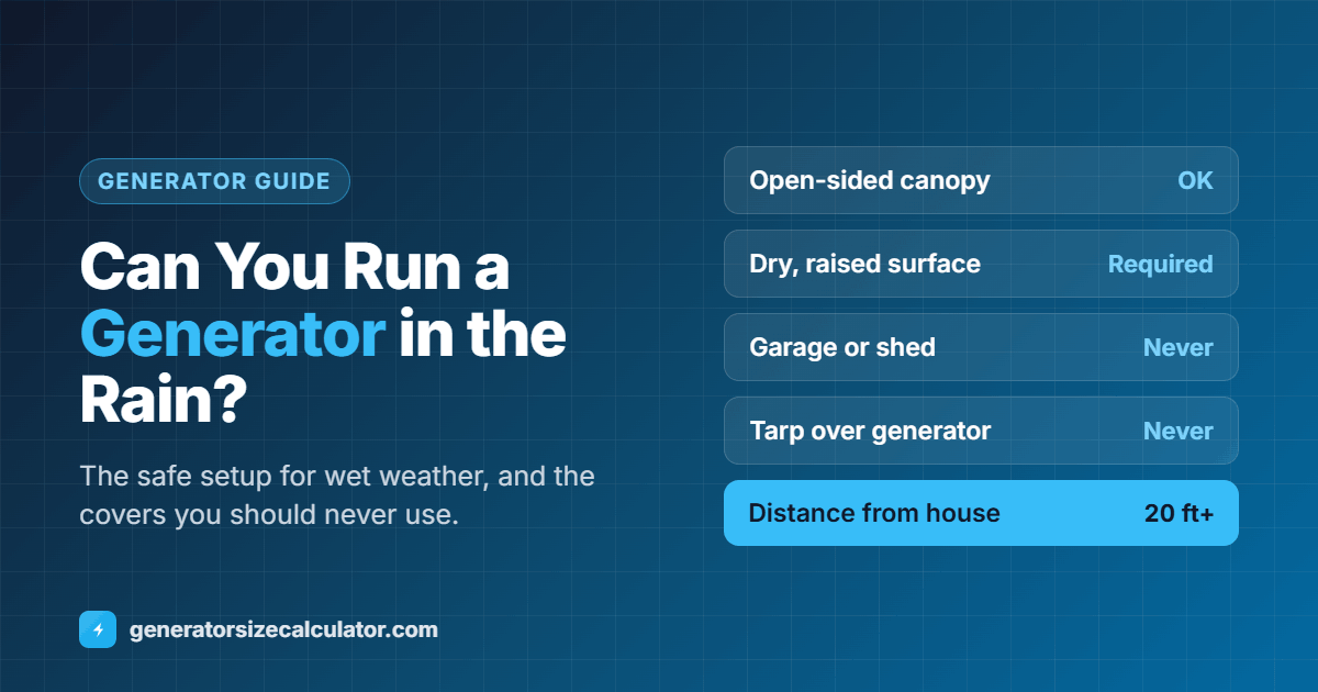 Can you run a generator in the rain: an open-sided canopy is OK, a dry level surface is required, a garage or shed is never OK, a tarp over the generator is never OK, and stay 20 feet from the house