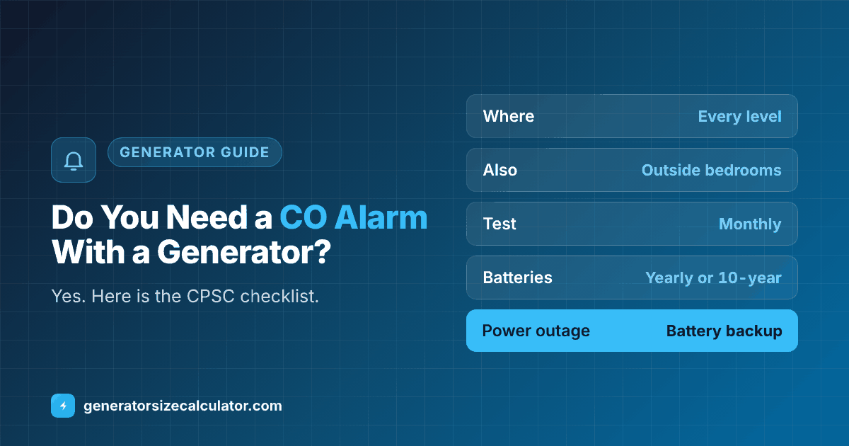 Do you need a carbon monoxide alarm with a generator: yes, on every level and outside sleeping areas, test monthly, replace batteries at least yearly or use sealed 10 year batteries, and use battery backup