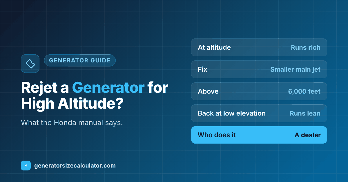 Do you need to rejet a generator for high altitude: the Honda manual says the standard carburetor runs too rich at altitude, a smaller main jet and readjusted pilot screw fix it for operation above 6,000 feet, and running a jetted engine at low altitude can overheat it