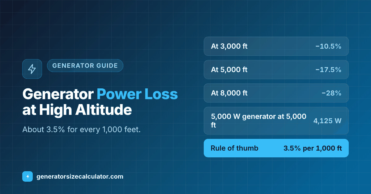 Generator power loss at high altitude: about 3.5 percent per 1,000 feet, so a 5,000 watt generator delivers about 4,475 watts at 3,000 feet, 4,125 watts at 5,000 feet and 3,600 watts at 8,000 feet