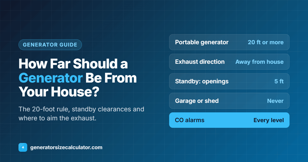 How far should a generator be from your house: portable generator 20 feet or more from doors, windows and vents, exhaust pointed away, standby generator 5 feet from openings, garage or shed never, carbon monoxide alarms on every level