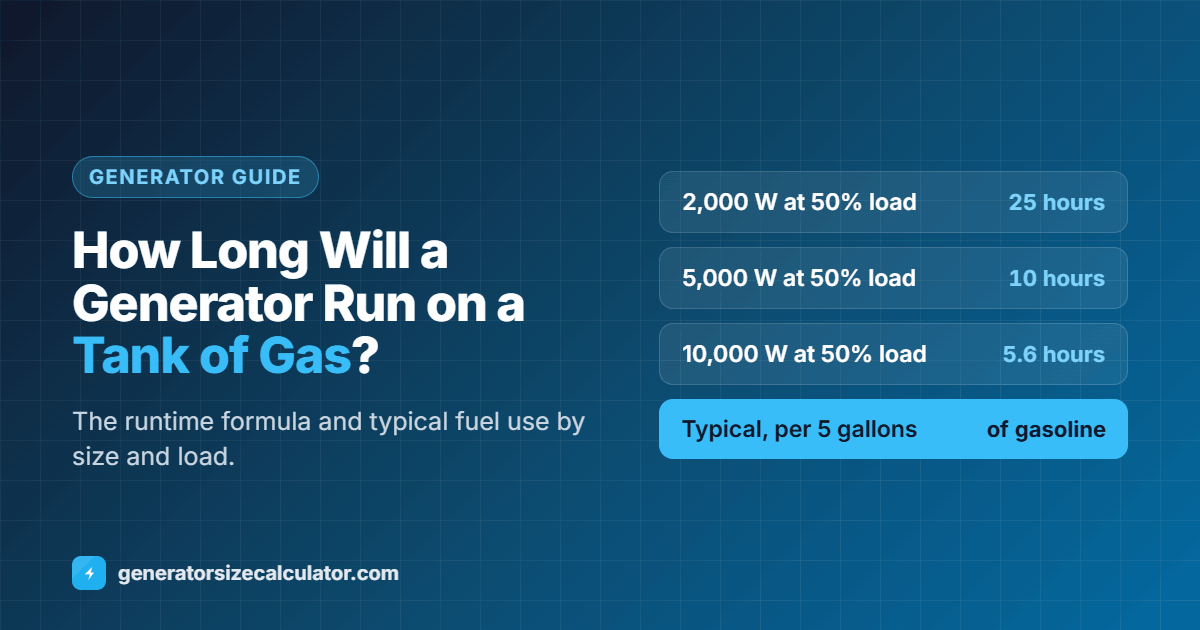 How long will a generator run on a tank of gas: typical 50 percent load runtime per 5 gallons is 25 hours for a 2,000 watt, 10 hours for a 5,000 watt and 5.6 hours for a 10,000 watt generator