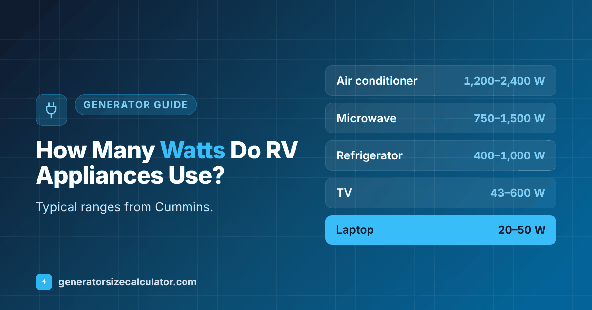 How many watts do RV appliances use: air conditioner 1,200 to 2,400 watts, stove 900 to 2,500, microwave 750 to 1,500, coffee maker 900 to 1,200, refrigerator 400 to 1,000, TV 43 to 600, laptop 20 to 50