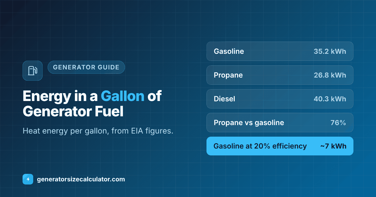 How much energy is in a gallon of generator fuel: gasoline 120,214 Btu or 35.2 kWh, propane 91,452 Btu or 26.8 kWh, diesel 137,381 Btu or 40.3 kWh, from EIA figures, with about 20 percent becoming electricity as an example