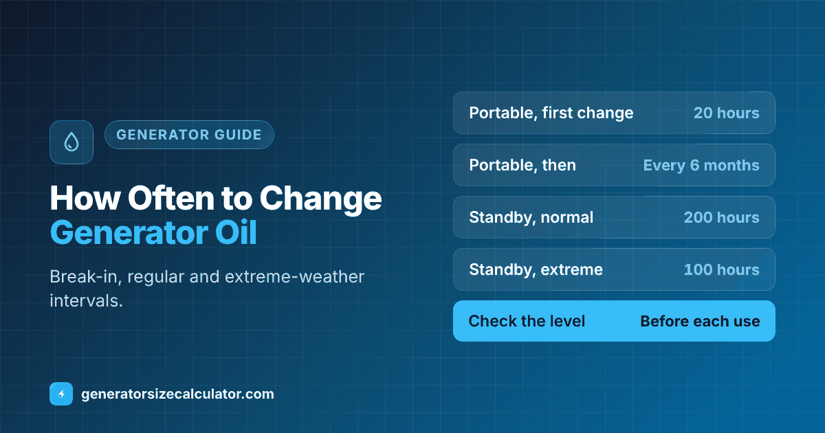 How often to change generator oil: first oil change after 20 hours then every six months on a Honda portable, and every 200 hours or every 100 hours in extreme temperatures on a Generac standby generator