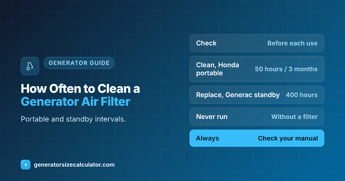 How often to clean a generator air filter: check before each use and clean after 50 hours or every 3 months on a Honda portable, and replace at 400 hours on a Generac standby generator
