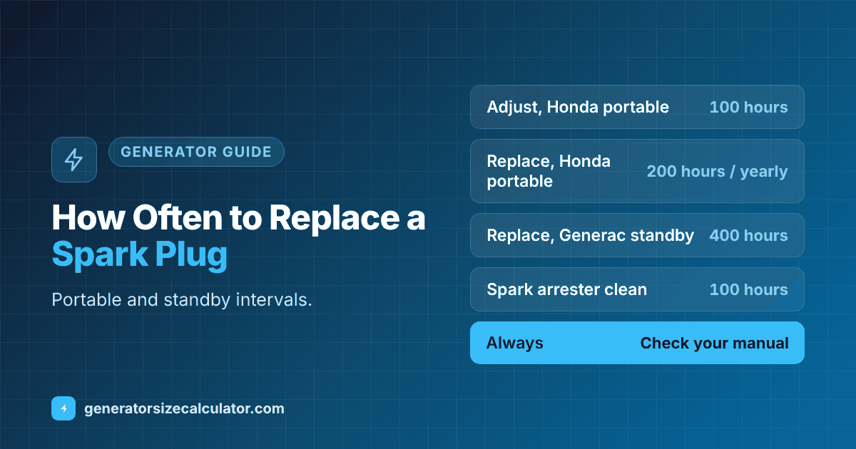 How often to replace a generator spark plug: adjust every 100 hours or six months and replace yearly or after 200 hours on a Honda portable, and replace at 400 hours on a Generac standby generator