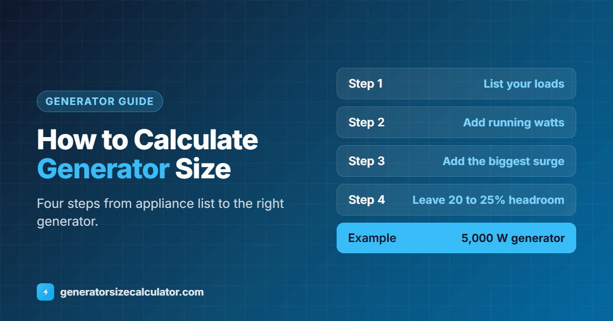 How to calculate what size generator you need: list your loads, add running watts, add the biggest start-up surge, and leave 20 to 25 percent headroom
