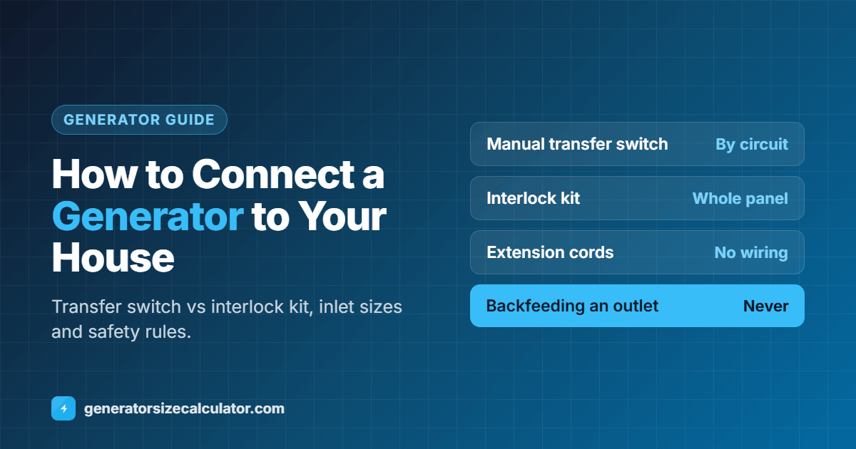 How to connect a generator to your house: manual transfer switch for circuit-by-circuit power, interlock kit that uses your main panel, extension cords with no wiring, and never backfeeding an outlet