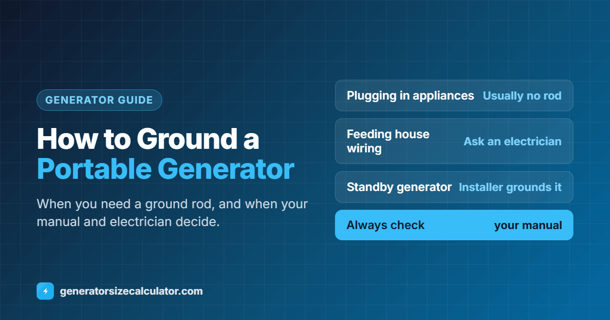 How to ground a portable generator: plugging in appliances usually needs no ground rod, feeding house wiring needs an electrician to decide, a standby generator is grounded by its installer, and always check your manual