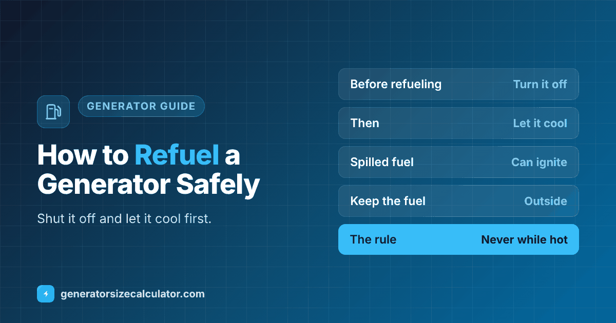 How to refuel a generator safely: turn the generator off and let it cool, because spilled fuel on hot parts could ignite, and keep the generator and fuel outside and away from fuel-burning appliances
