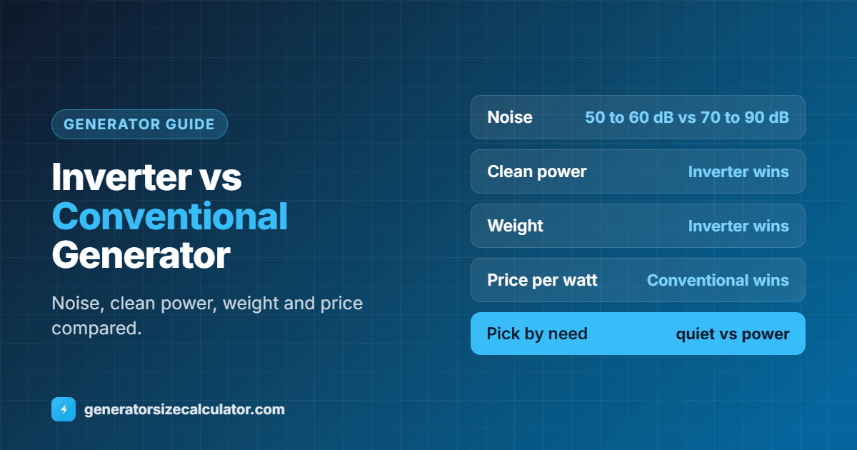 Inverter generator vs conventional generator: inverters are quieter, lighter and give cleaner power, conventional generators give more watts for the money
