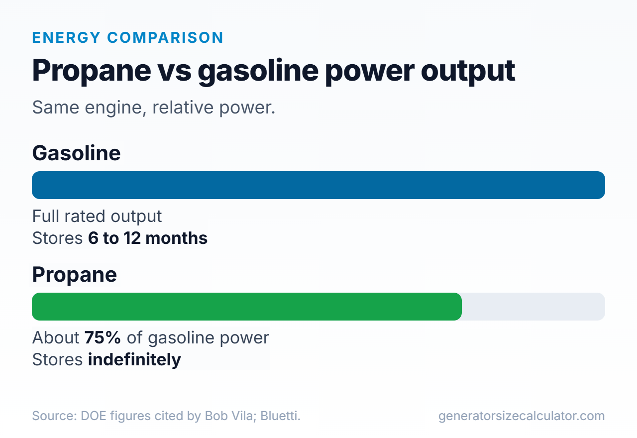 Bar chart showing a propane generator delivers about 75 percent of the power of a gasoline generator from the same engine