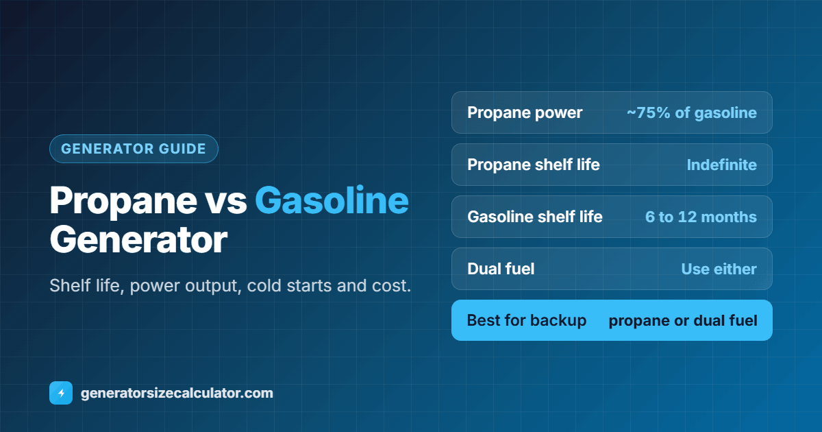 Propane vs gasoline generator: propane stores indefinitely and burns cleaner but gives about 75 percent of the power, gasoline gives full power but goes stale in 6 to 12 months