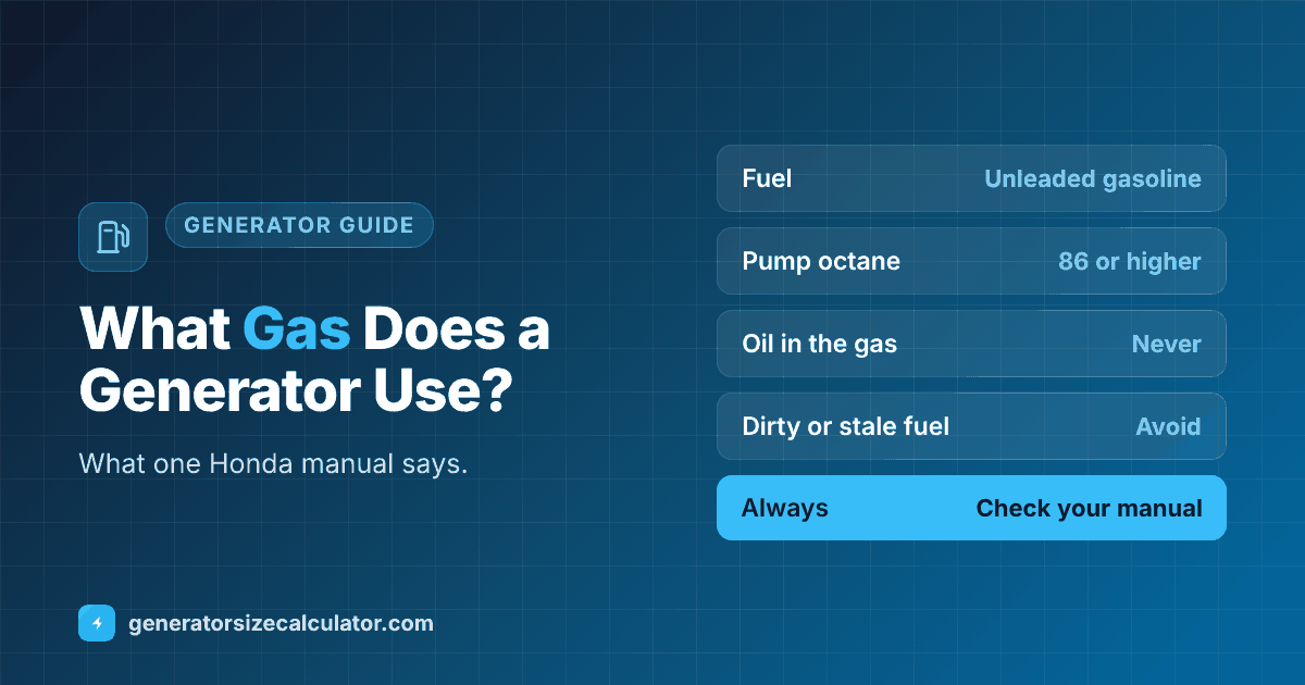 What gas does a portable generator use: unleaded automotive gasoline with a pump octane rating of 86 or higher in one Honda manual, never an oil and gasoline mixture, avoid dirty gasoline and substitutes