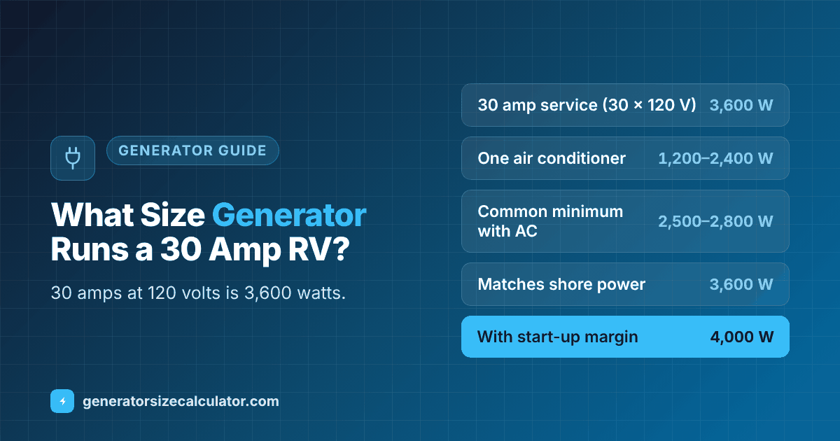 What size generator for a 30 amp RV: 30 amps times 120 volts is 3,600 watts, a 3,600 watt generator matches shore power, 4,000 watts adds starting margin, and 2,500 to 2,800 watts is a common minimum with one air conditioner