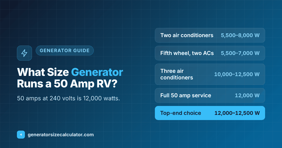 What size generator for a 50 amp RV: 50 amps at 240 volts is 12,000 watts, 12,000 to 12,500 watts is the top end, 5,500 to 8,000 watts runs a Class A with two air conditioners and 10,000 to 12,500 watts runs three