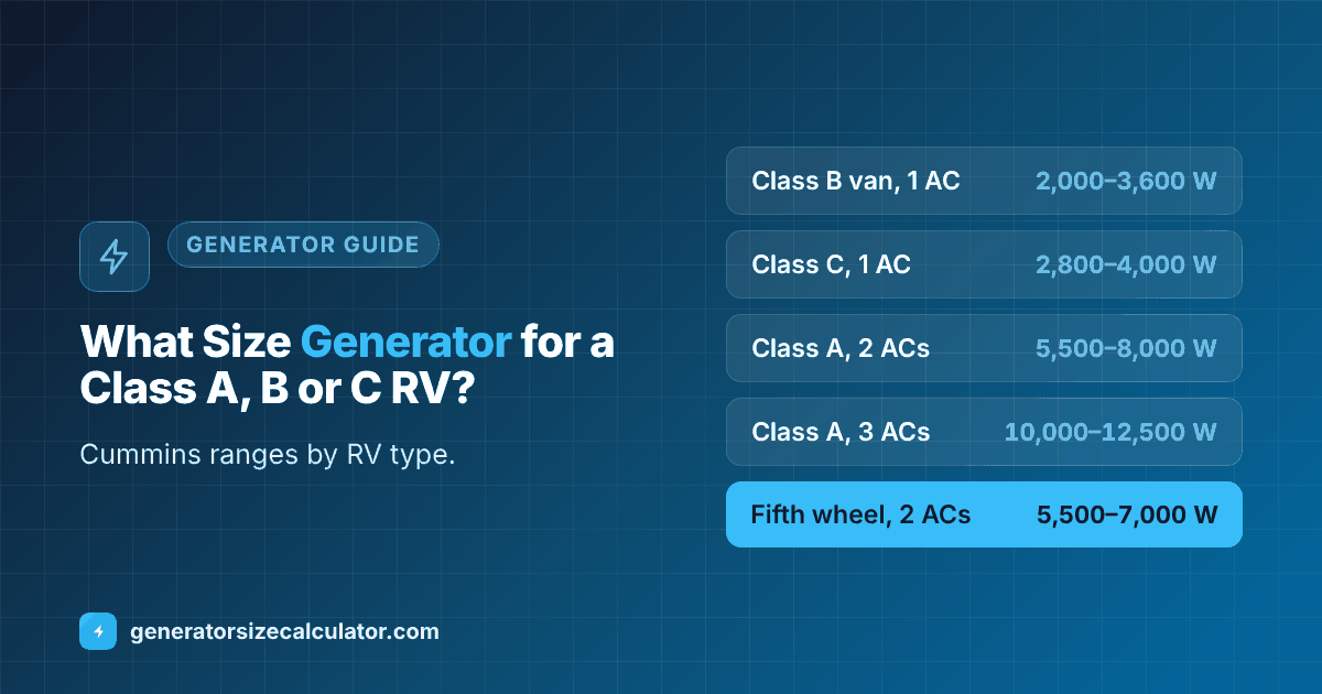 What size generator for a Class A, B or C RV: Class B 2,000 to 3,600 watts, Class C 2,800 to 4,000 watts, Class A with two air conditioners 5,500 to 8,000 watts, fifth wheel 5,500 to 7,000 watts, Class A with three air conditioners 10,000 to 12,500 watts