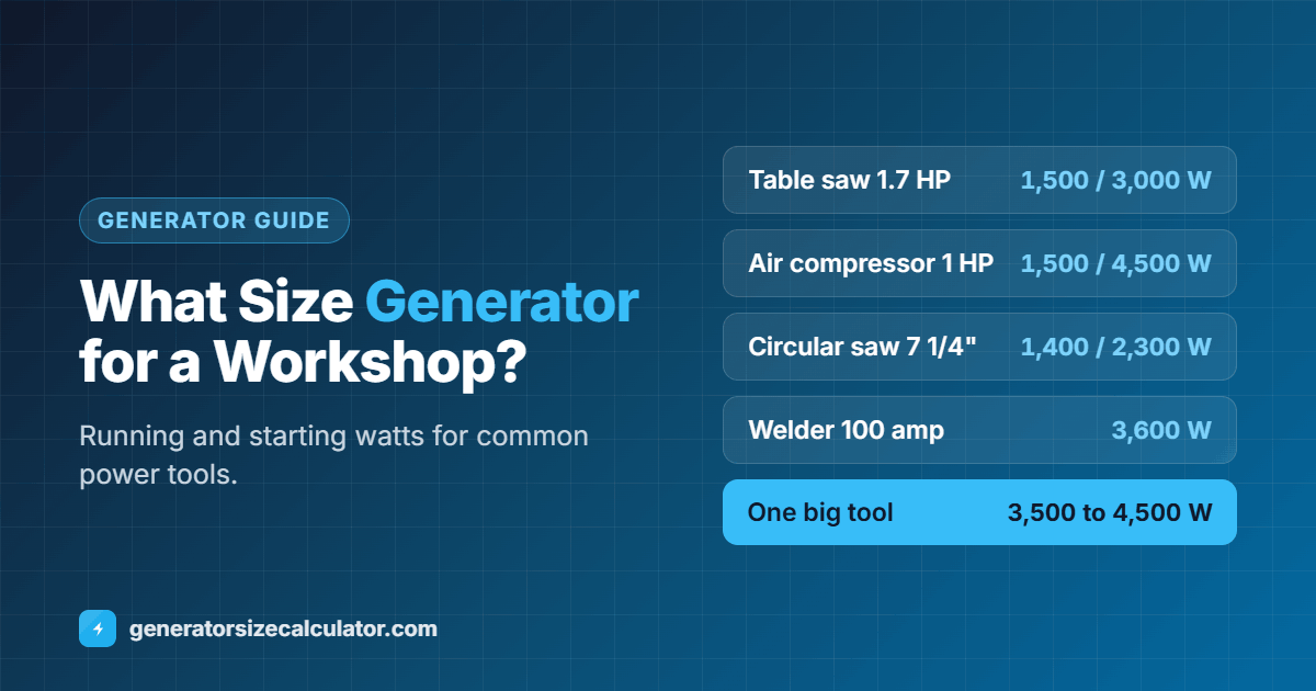 What size generator for a garage or workshop: 1 HP air compressor 1,500 running and 4,500 starting watts, 1.7 HP table saw 1,500 and 3,000, 100 amp welder 3,600 watts, 3,500 to 4,500 watt generator for one big tool
