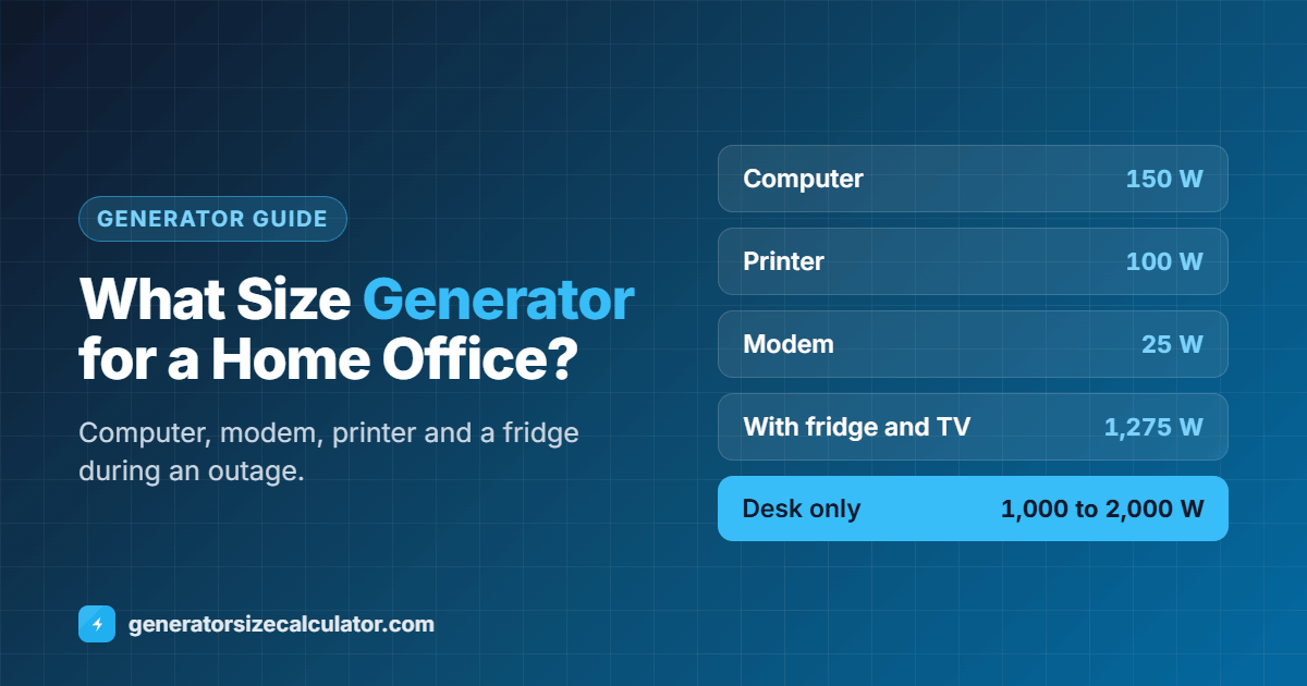 What size generator for a home office: computer 150 watts, printer 100, modem 25 and TV 300, a 1,000 to 2,000 watt inverter for the desk alone and a 3,000 watt inverter with a refrigerator