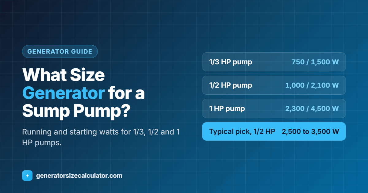 What size generator for a sump pump: 1/3 HP pump 750 running and 1,500 starting watts, 1/2 HP pump 1,000 and 2,100, 1 HP pump 2,300 and 4,500, matched to 2,000, 2,500 and 5,000 watt generators