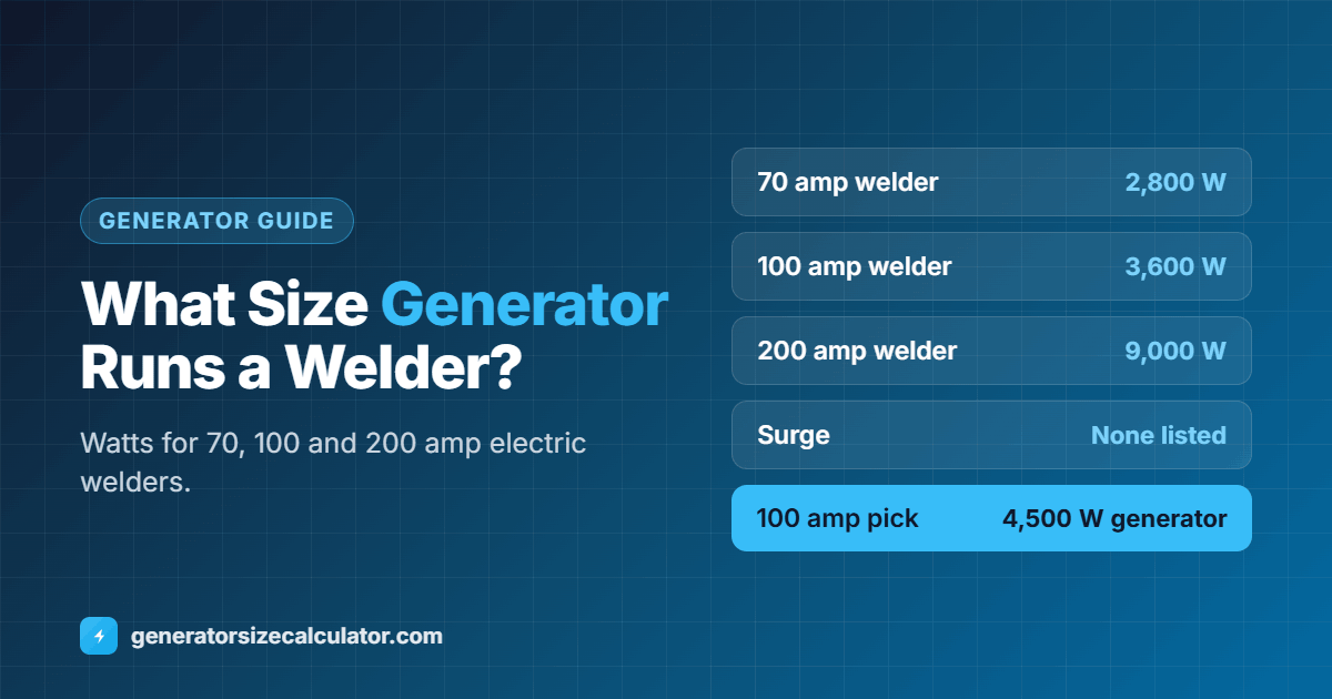 What size generator to run a welder: 70 amp welder 2,800 watts, 100 amp 3,600 watts and 200 amp 9,000 watts, needing about 3,500, 4,500 and 12,000 watt generators