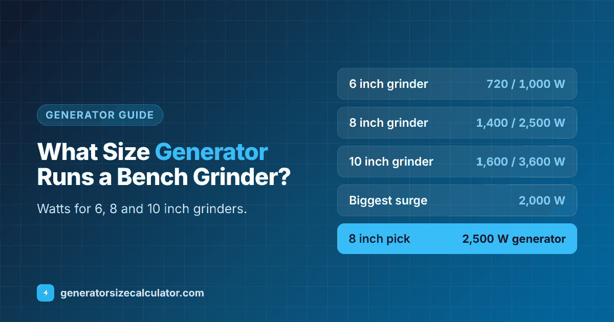 What size generator to run a bench grinder: 6 inch 720 running and 1,000 starting watts, 8 inch 1,400 and 2,500, 10 inch 1,600 and 3,600, needing about 2,000, 2,500 and 3,000 watt generators