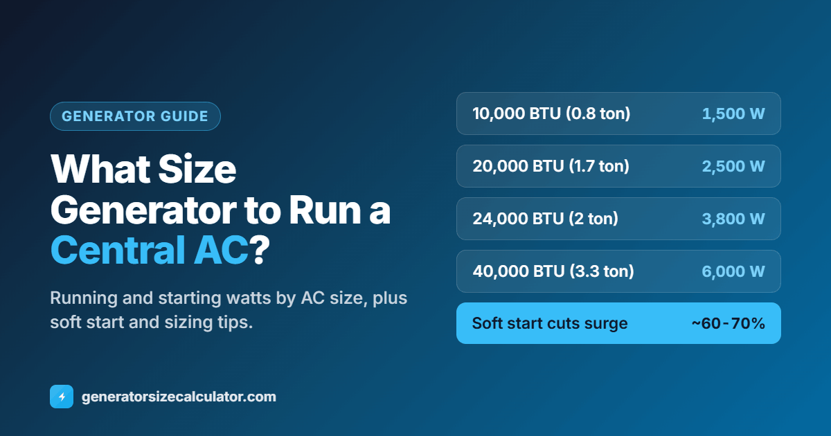 What size generator to run a central AC: 10,000 BTU 1,500 W, 20,000 BTU 2,500 W, 24,000 BTU 3,800 W and 40,000 BTU 6,000 W running watts, soft start can cut the surge by 60 to 70 percent