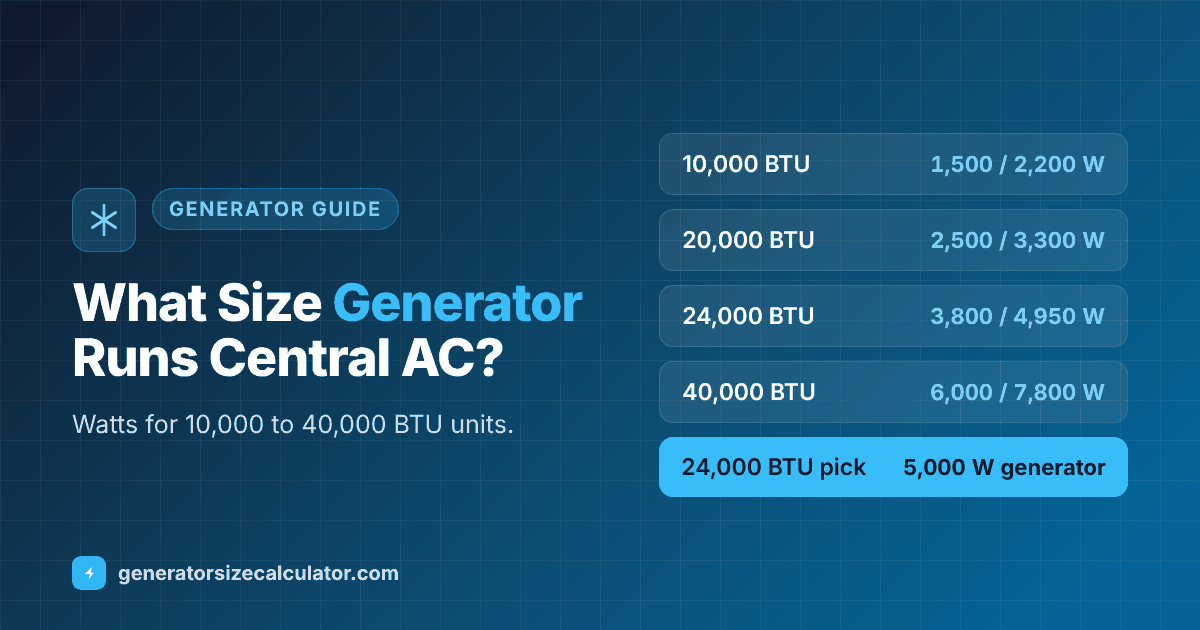 What size generator to run a central air conditioner: 10,000 BTU 1,500 running watts needing 3,000 watts, 20,000 BTU 2,500 needing 4,000, 24,000 BTU 3,800 needing 5,000, 40,000 BTU 6,000 needing 8,000 watts