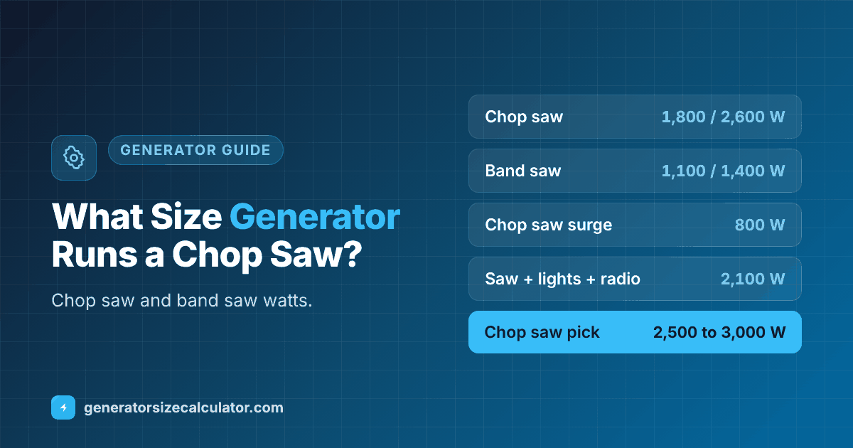 What size generator to run a chop saw and band saw: worm drive chop saw 1,800 running and 2,600 starting watts, band saw 1,100 and 1,400, needing a 2,500 watt generator, or 3,000 watts with lights