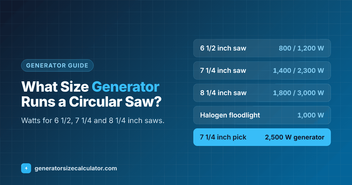 What size generator to run a circular saw: 6 1/2 inch 800 running and 1,200 starting watts, 7 1/4 inch 1,400 and 2,300, 8 1/4 inch 1,800 and 3,000, needing about 2,000, 2,500 and 3,000 watt generators