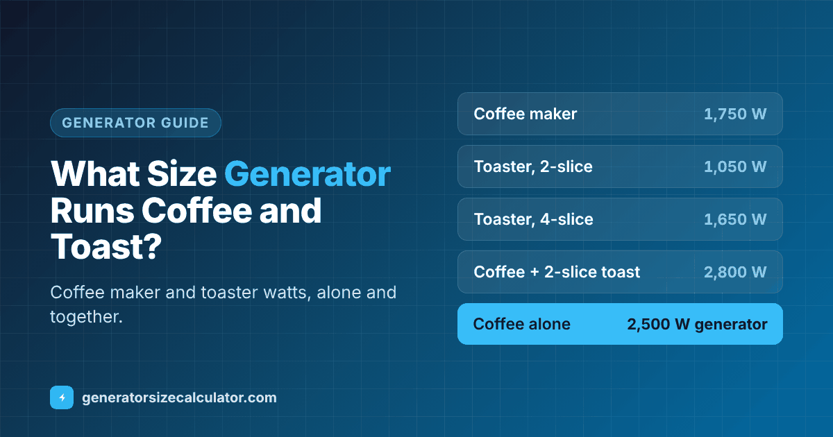 What size generator to run a coffee maker and toaster: coffee maker 1,750 watts, 2-slice toaster 1,050 watts, 4-slice toaster 1,650 watts, needing a 2,500 watt generator for coffee and 3,500 watts for coffee and toast together