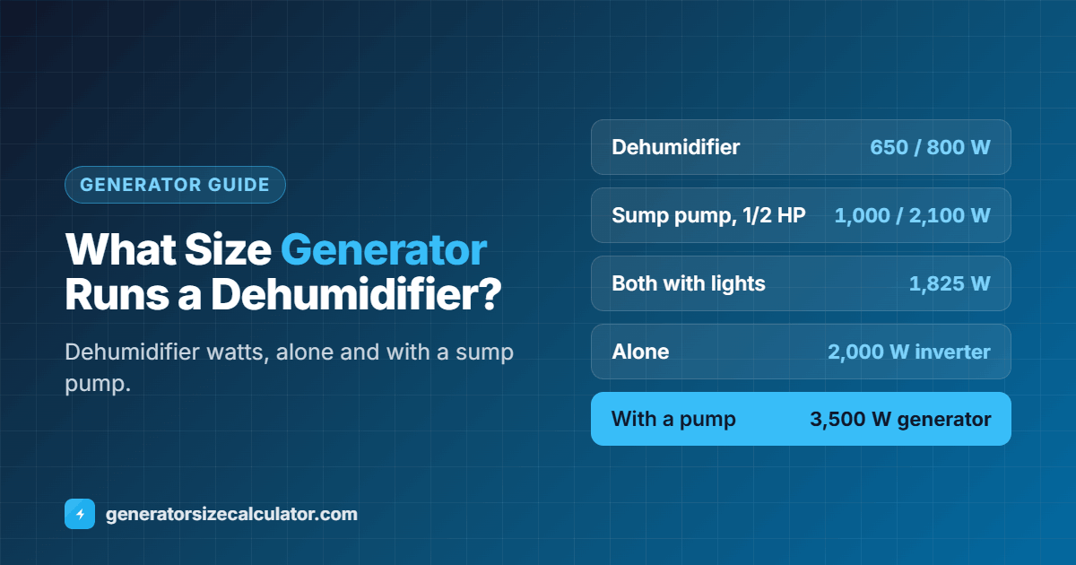 What size generator to run a dehumidifier: about 650 running and 800 starting watts, a 2,000 watt inverter for one unit, and a 3,500 watt generator for a dehumidifier, a sump pump and lights