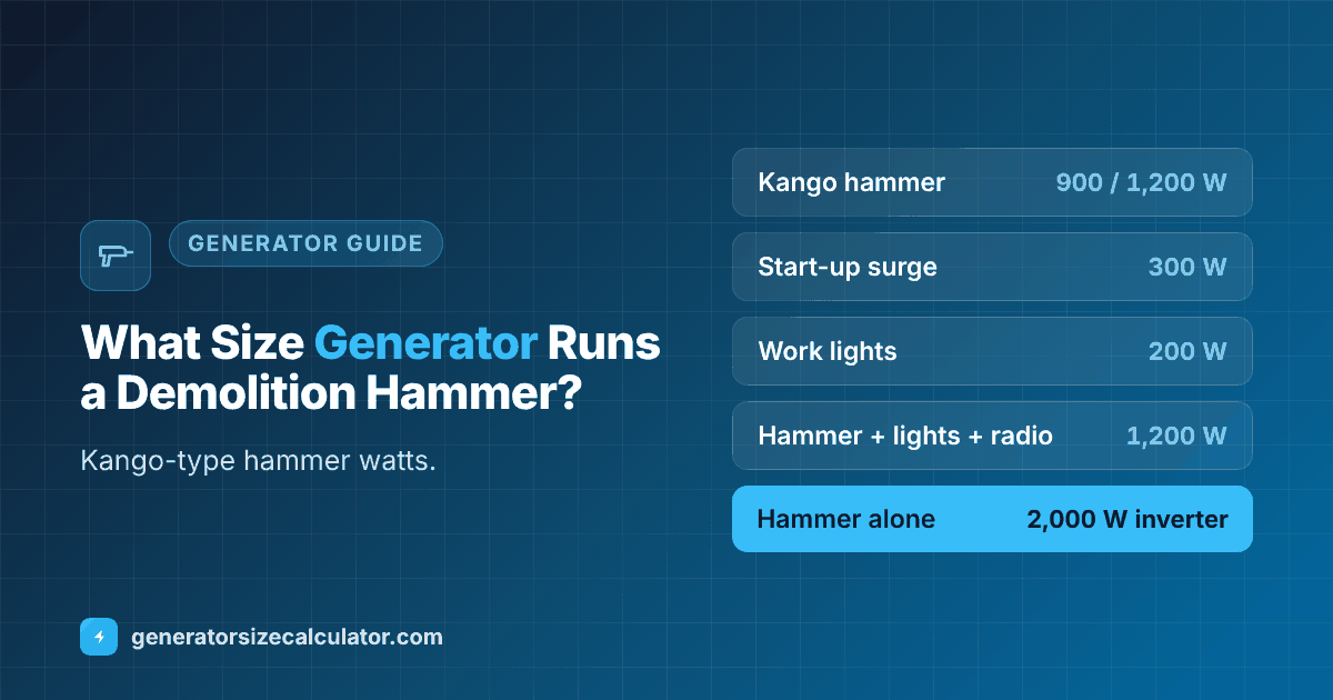 What size generator to run a demolition hammer: a Kango hammer 900 running and 1,200 starting watts, a 2,000 watt inverter for the hammer alone and 2,500 watts with lights and a radio