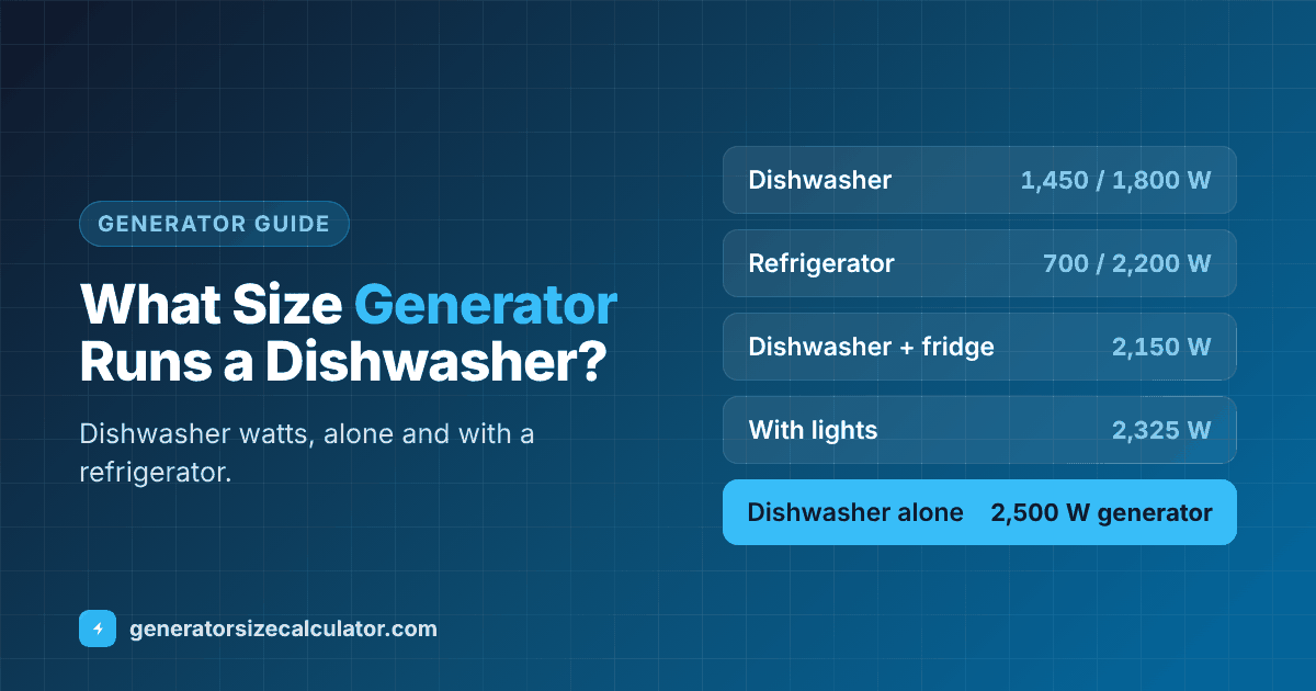 What size generator to run a dishwasher: about 1,450 running and 1,800 starting watts, a 2,500 watt generator for the dishwasher alone and a 3,500 watt generator with a refrigerator and lights