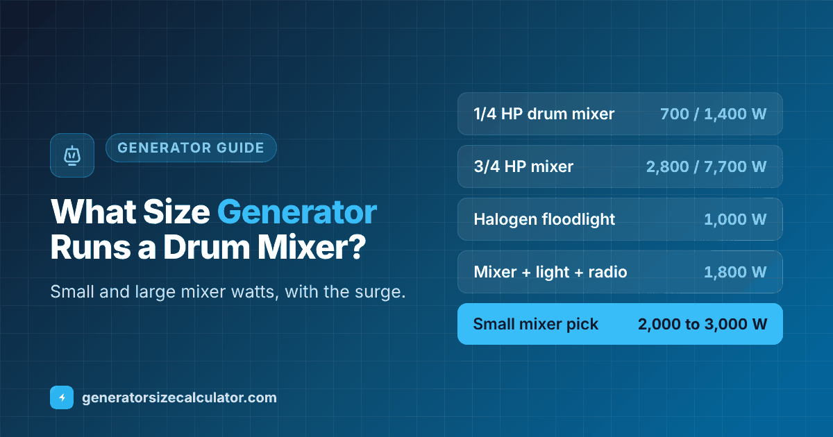 What size generator to run a drum mixer: 1/4 HP drum mixer 700 running and 1,400 starting watts needing a 2,000 watt inverter, a 3/4 HP mixer 2,800 and 7,700 needing about a 6,500 watt generator