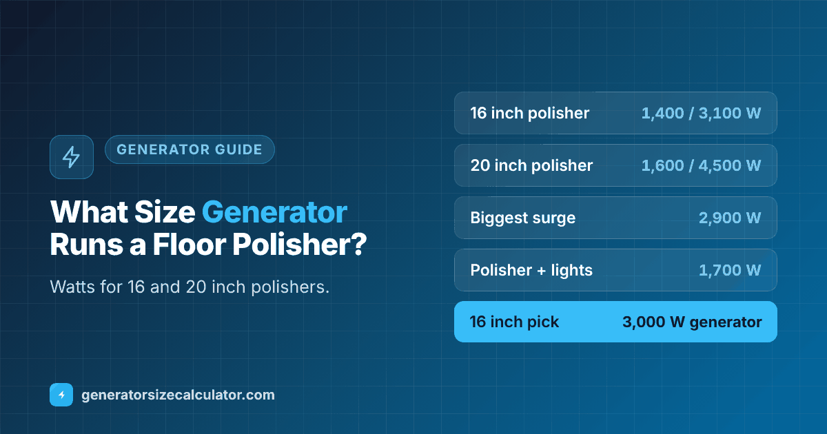 What size generator to run a floor polisher: 16 inch 1,400 running and 3,100 starting watts needing about 3,000 watts, 20 inch 1,600 and 4,500 needing about 4,000 watts
