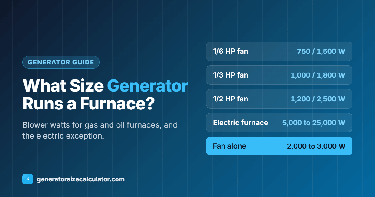 What size generator to run a furnace: furnace fan 750 running and 1,500 starting watts for 1/6 HP, 1,000 and 1,800 for 1/3 HP, 1,200 and 2,500 for 1/2 HP, covered by a 2,000 to 3,000 watt generator