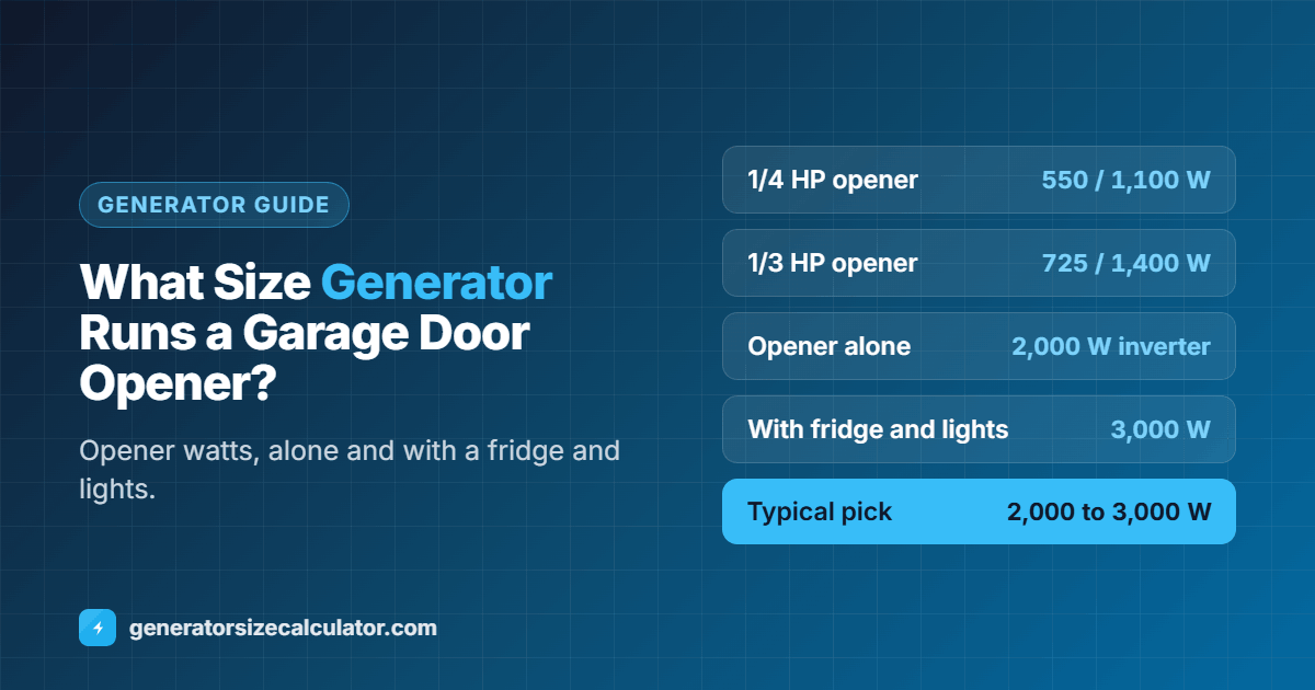 What size generator to run a garage door opener: 1/4 HP 550 running and 1,100 starting watts, 1/3 HP 725 and 1,400, a 2,000 watt inverter alone and a 3,000 watt generator with a fridge and lights