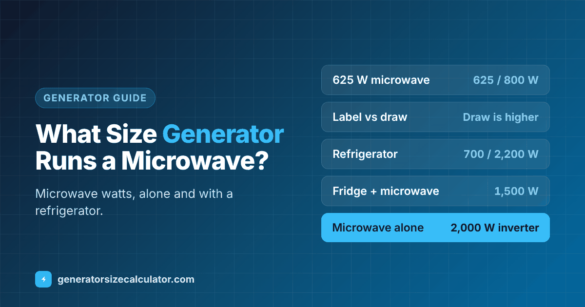 What size generator to run a microwave: a 625 watt microwave uses about 625 running and 800 starting watts, a 2,000 watt inverter runs one, a 3,000 watt generator runs a microwave with a refrigerator and lights