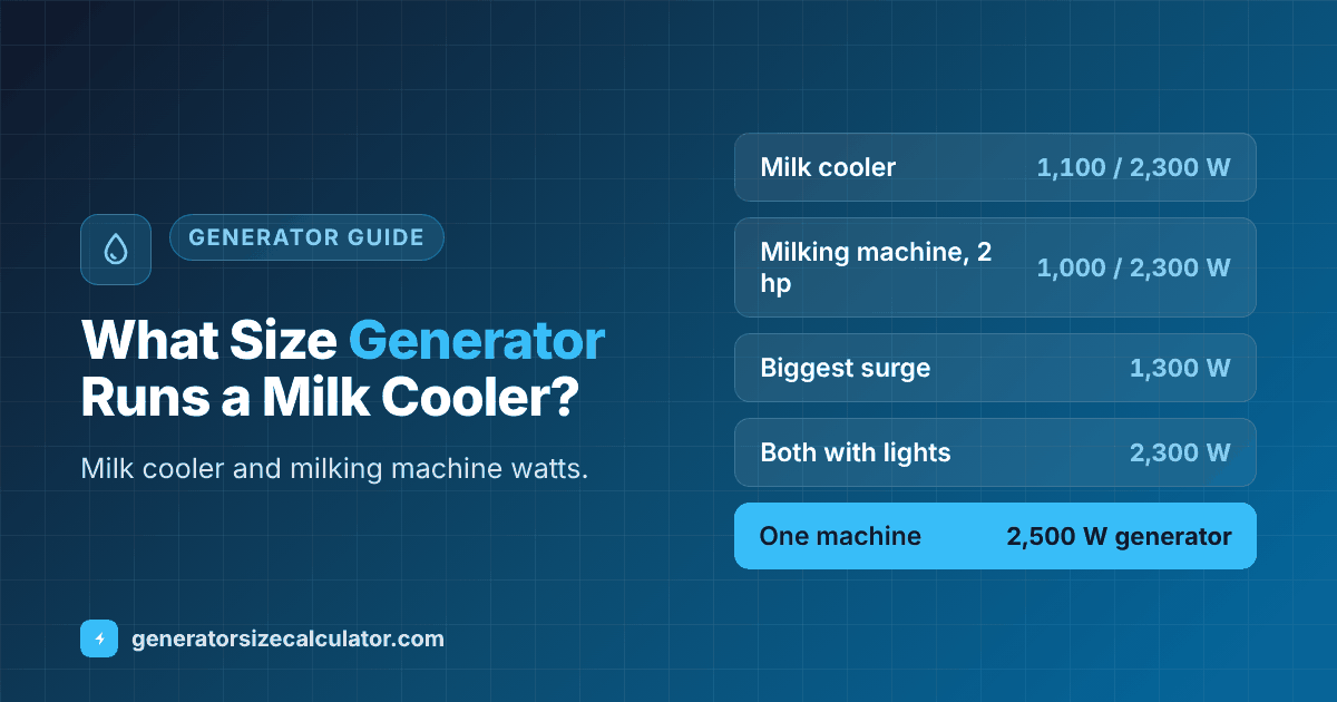 What size generator to run a milk cooler and milking machine: milk cooler 1,100 running and 2,300 starting watts, 2 hp milking machine 1,000 and 2,300, a 2,500 watt generator for one and 3,500 watts for both