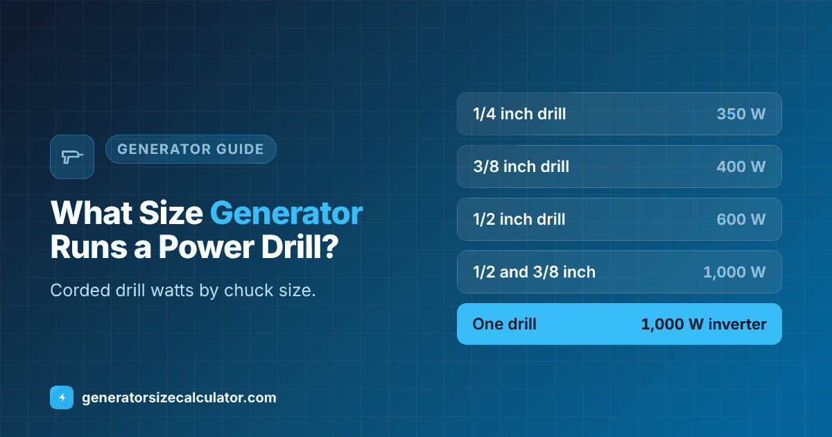 What size generator to run a power drill: 1/4 inch drill 350 watts, 3/8 inch 400 watts, 1/2 inch 600 watts, a 1,000 watt inverter for one drill and 2,000 watts for two drills