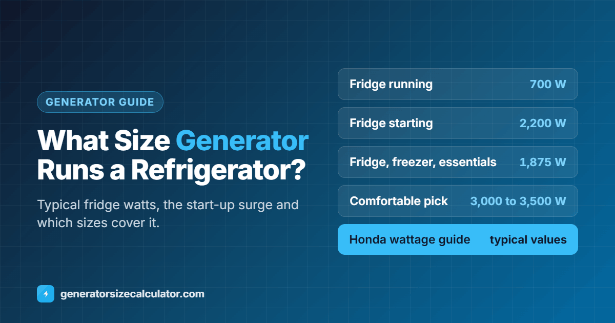 What size generator to run a refrigerator: about 700 running watts and 2,200 starting watts, a 3,000 to 3,500 watt generator for a fridge, a freezer and essentials, and a 2,000 watt inverter only if its peak rating covers the surge