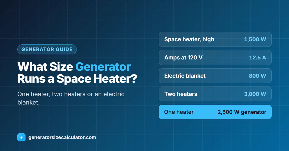 What size generator to run a space heater: a 1,500 watt heater draws 12.5 amps on high, about 600 watts on low, needing about a 2,500 watt generator for one heater and 4,000 watts for two