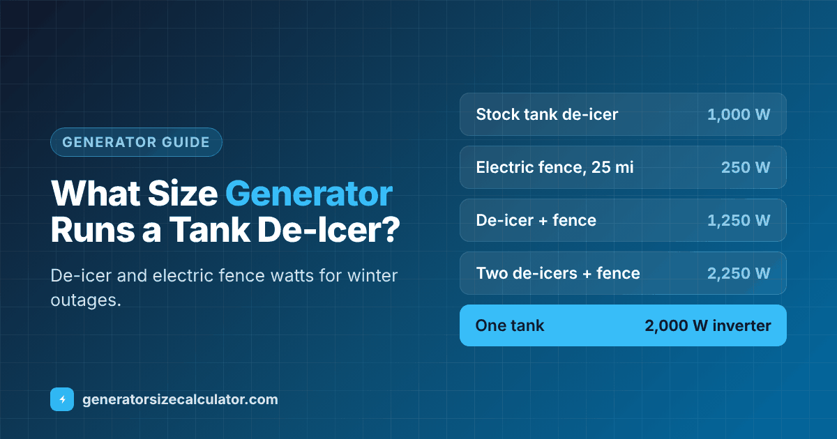 What size generator to run a stock tank de-icer: de-icer 1,000 watts, 25 mile electric fence 250 watts, a 2,000 watt inverter for one de-icer, 2,500 watts for two, and 3,000 watts for two de-icers and a fence