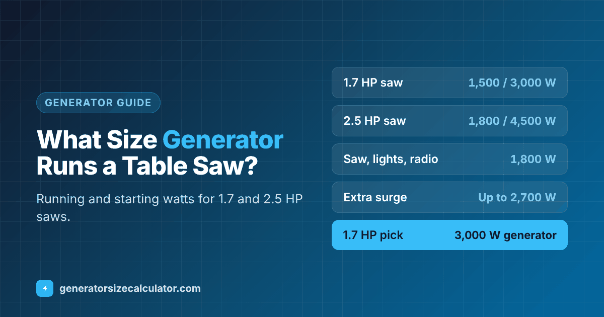 What size generator to run a table saw: 1.7 HP saw 1,500 running and 3,000 starting watts needing about a 3,000 watt generator, 2.5 HP saw 1,800 and 4,500 needing about 4,000 watts