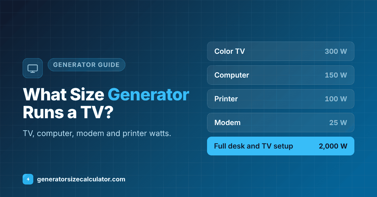 What size generator to run a TV and electronics: color TV 300 watts, computer 150, printer 100, modem 25, radio 50 to 200, a 1,000 watt inverter for a TV and 2,000 watts for a full setup