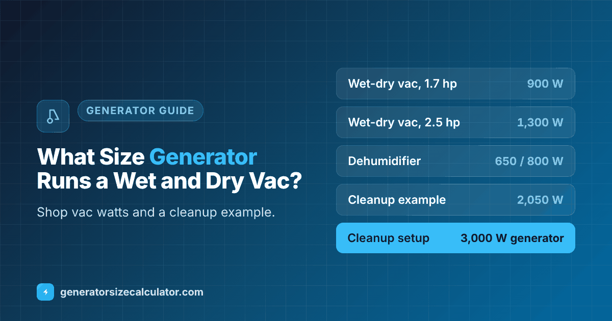 What size generator to run a wet and dry vacuum: 1.7 hp 900 watts needing a 2,000 watt inverter, 2.5 hp 1,300 watts needing about 2,500 watts, and cleanup with a dehumidifier needing 3,000 watts